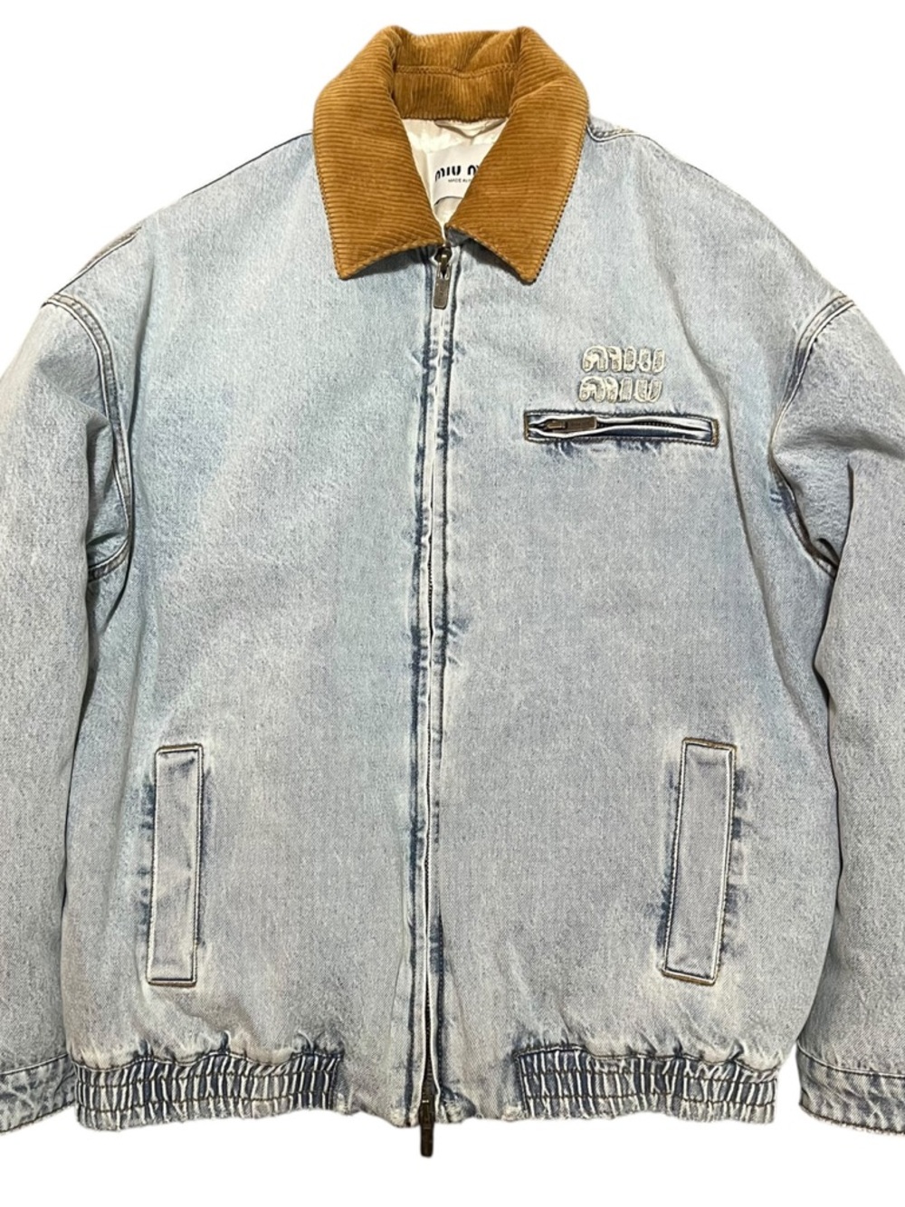 Miu Miu FW24 Light Blue Denim Bomber Jacket with Brown Corduroy Collar